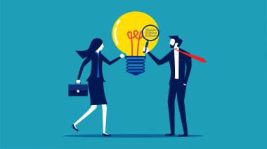 businessman with a magnifying glass analyzes the idea of a light bulb. vector