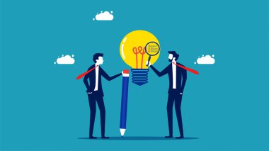 businessman with a magnifying glass analyzes the idea of a light bulb. vector illustration