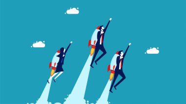 The business is growing rapidly. The team members flew with rockets in the sky vector