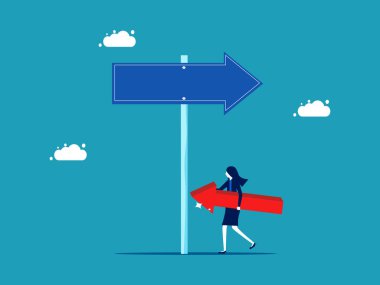 Change in the opposite direction. businesswoman in opposite direction of arrow sign vector