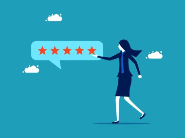 Customers rate it. woman gives a star rating on a customer feedback speech bubble vector