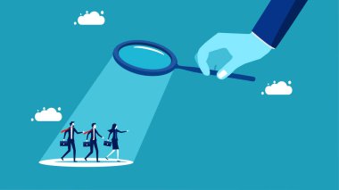 Employee performance assessment. Managers use a magnifying glass to analyze employees vector
