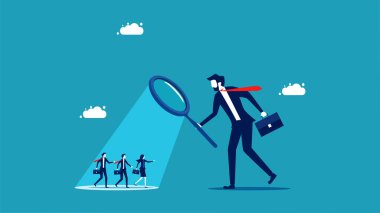 Employee performance assessment. Managers use a magnifying glass to analyze employees vector