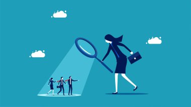 Employee performance assessment. Manager woman use a magnifying glass to analyze employees vector