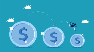 Money is falling. Businesswomen run on shrinking money. vector illustration