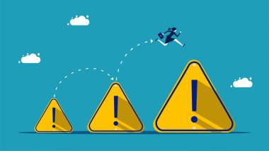more problems. Businesswoman running on a bigger exclamation mark. vector illustration