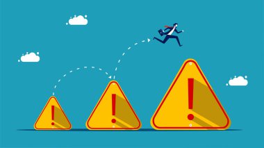 more problems. Businessman running on a bigger exclamation mark. vector illustration