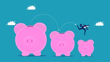Savings are down. Businessmen run on shrinking pig piggy banks. vector illustration