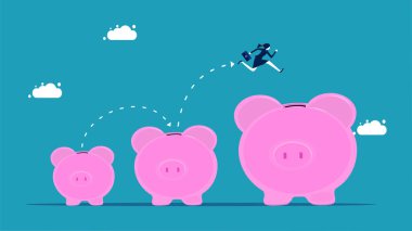 More savings. businesswoman runs on a growing pig piggy bank. vector illustration