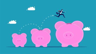More savings. businessman runs on a growing pig piggy bank. vector illustration