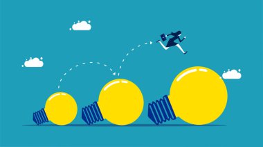 more creative ideas. Businesswoman running on a grown up light bulb. vector illustration