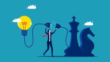 Creative business strategies. businessman connects a light bulb to a chess piece vector