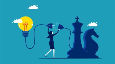 Creative business strategies. businesswoman connects a light bulb to a chess piece vector