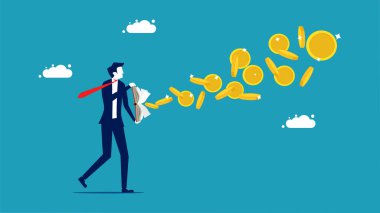 Knowledge produces money. Book businessman with money floating out vector