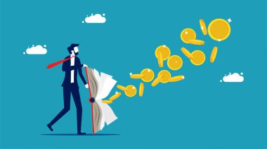 Knowledge produces money. Book businessman with money floating out vector