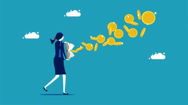 Knowledge produces money. Book businesswoman with money floating out vector