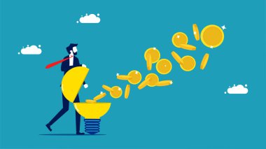 Creativity makes money. businessman turns on a light bulb with money floating out vector