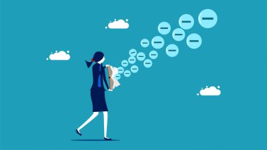 Businesswoman spread negative thoughts. The negative pole came out of the book. vector illustration