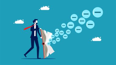 Businessman spread negative thoughts. The negative pole came out of the book. vector illustration