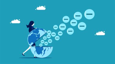 Businesswoman spread negative thoughts. The negative pole came out of the world vector