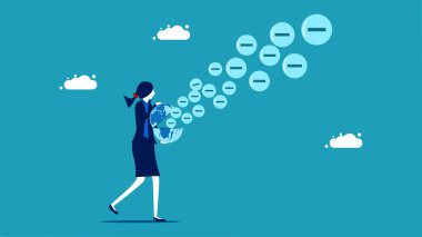 Businesswoman spread negative thoughts. The negative pole came out of the world vector