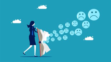 Businesswomen spread pessimism. Negative icon coming out of the book vector