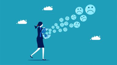 Business Women spread pessimism. Negative icon coming out of the globe vector