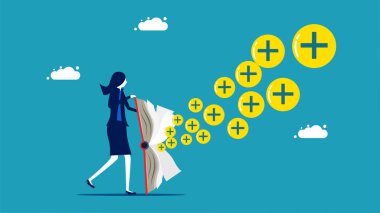 Businesswomen think optimism. plus icon coming out of the book vector