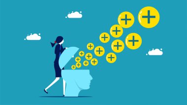 Businesswomen think optimism. plus the icon comes out of the head vector