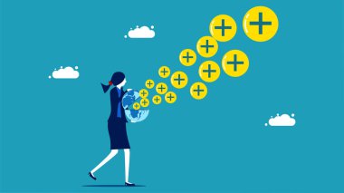 Business Women look at the world with optimism. plus icons floating from the globe vector