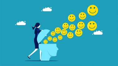  Businesswomen spread optimism. smiley face icon floats out of his head vector