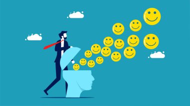 Businessmen spread optimism. smiley face icon floats out of his head vector