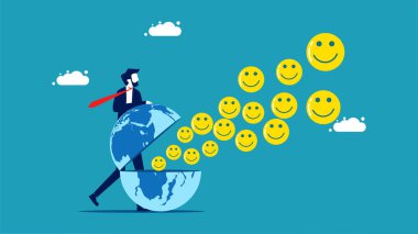 optimistic businessman. smiley face icon floats from the globe. vector