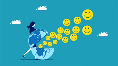 optimistic businesswoman. smiley face icon floats from the globe vector