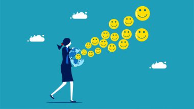 optimistic businesswoman. smiley face icon floats from the globe vector