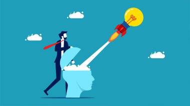 Spread the knowledge in your head. Businessman launching idea bulb rocket vector