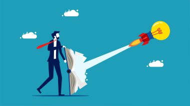 Disseminate knowledge in business books. Businessman launching idea bulb rocket vector
