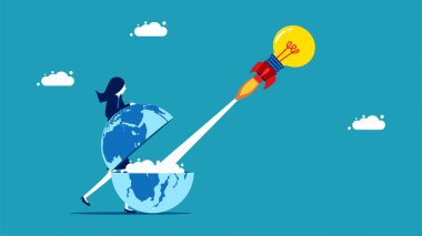 Spread knowledge in the world. Businesswoman launching idea bulb rocket. vector