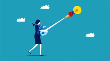 Spread knowledge in the world. Businesswoman launching idea bulb rocket. vector