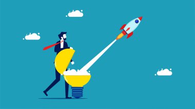  Launch a business idea. Businessman launching a rocket with a light bulb vector