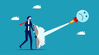 Spread negative thoughts in the book. Businessman launching a negative thinking rocket vector