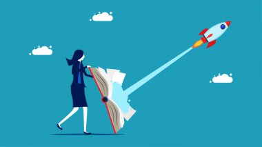 Knowledge and business innovation. Businesswoman launching a rocket with a book vector