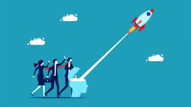 Business innovation. Businessman opens his head to launch a rocket