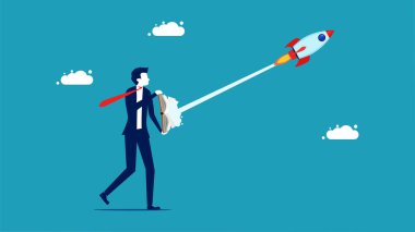 Knowledge and business innovation. Businessman launching a rocket with a book vector