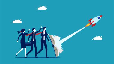 Knowledge and business innovation. Businessman launching a rocket with a book vector