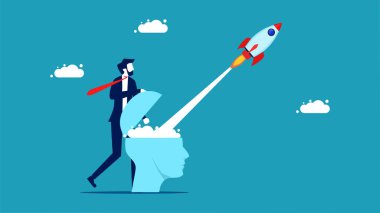 Business innovation. Businessman opens his head to launch a rocket