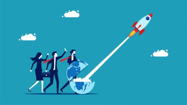 Open the business world. business people open the world to launch rocket vector