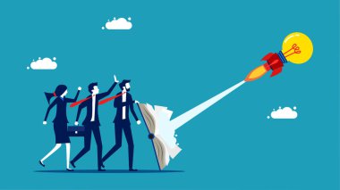 Disseminate knowledge and innovation. Businessman launching a light bulb rocket vector