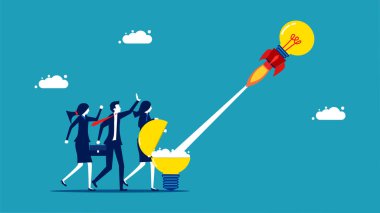 Disseminate knowledge and innovation. Businesswoman launching a light bulb rocket vector