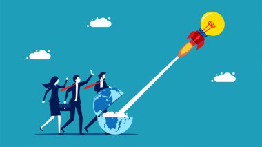 Disseminate knowledge and innovation. Businessman launching a light bulb rocket vector